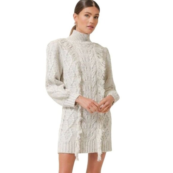 NEW Line & Dot Daria Fringe Trim Mini Sweater Dress, Size Large in Ivory - Picture 1 of 16